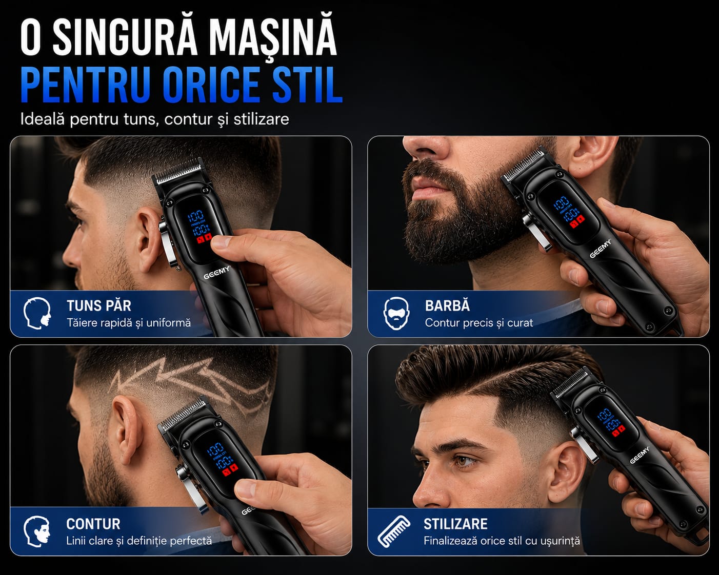 Mașină profesională de tuns GM-8051, Display LED Digital, Autonomie până la 180 minute, Motor 5W, Lame din oțel inoxidabil, Încărcare USB, Reglaj precis pentru păr, barbă și contur