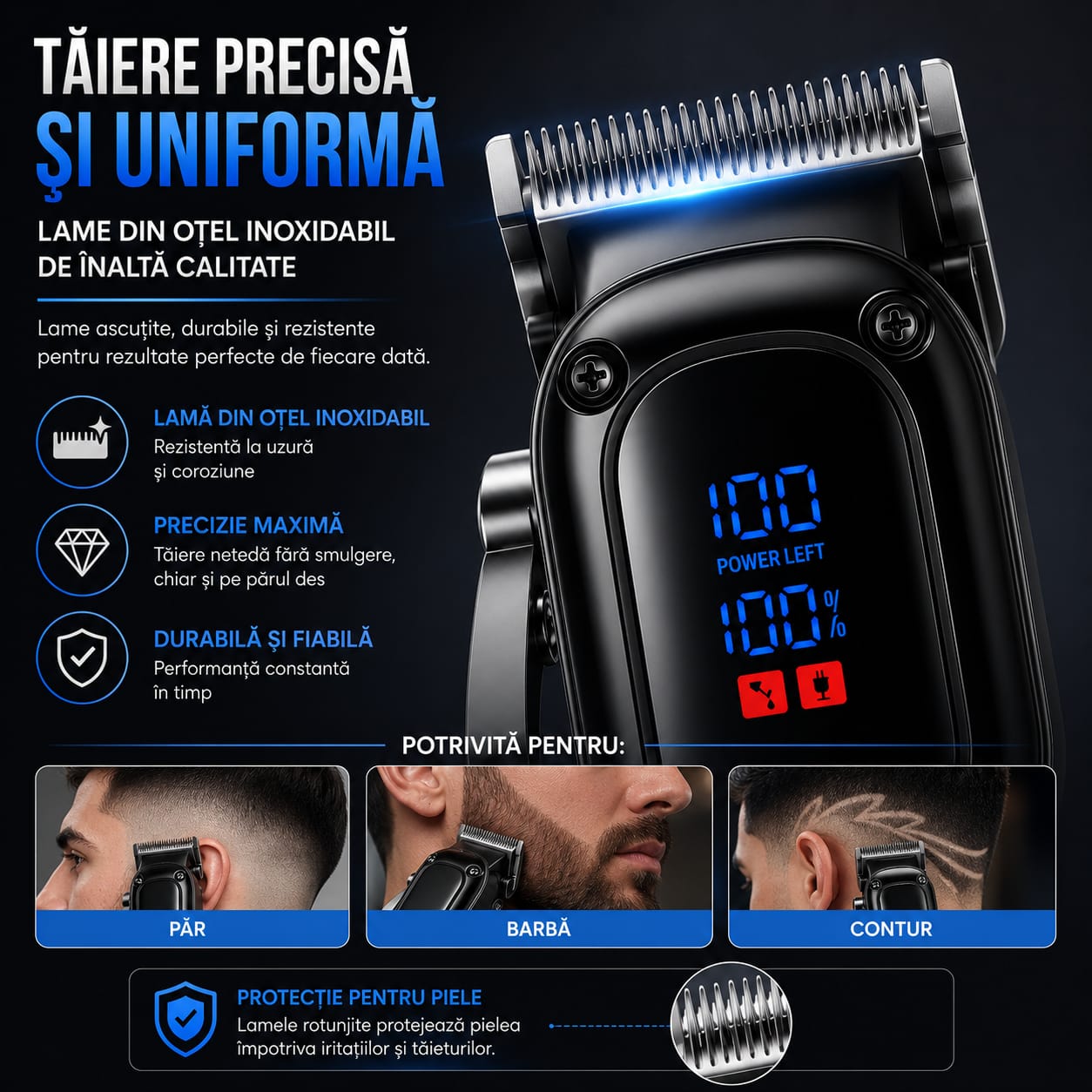 Mașină profesională de tuns GM-8051, Display LED Digital, Autonomie până la 180 minute, Motor 5W, Lame din oțel inoxidabil, Încărcare USB, Reglaj precis pentru păr, barbă și contur