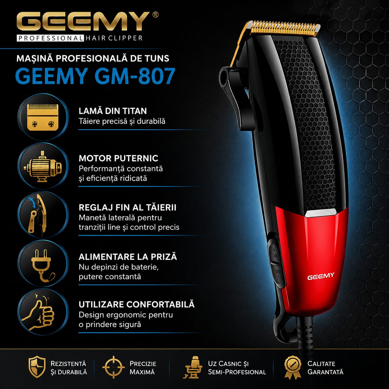 Mașină Profesională de Tuns GM-807, Motor Puternic 9-10W, Lamă Titanium, Reglaj Taper Lever, Alimentare la Priză, 4 Piepteni Incluși (3/6/9/12 mm), Negru/Roșu