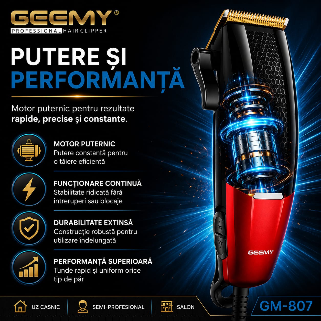 Mașină Profesională de Tuns GM-807, Motor Puternic 9-10W, Lamă Titanium, Reglaj Taper Lever, Alimentare la Priză, 4 Piepteni Incluși (3/6/9/12 mm), Negru/Roșu