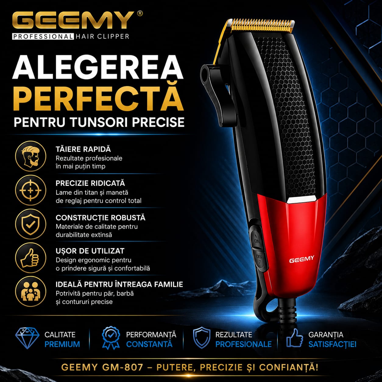Mașină Profesională de Tuns GM-807, Motor Puternic 9-10W, Lamă Titanium, Reglaj Taper Lever, Alimentare la Priză, 4 Piepteni Incluși (3/6/9/12 mm), Negru/Roșu