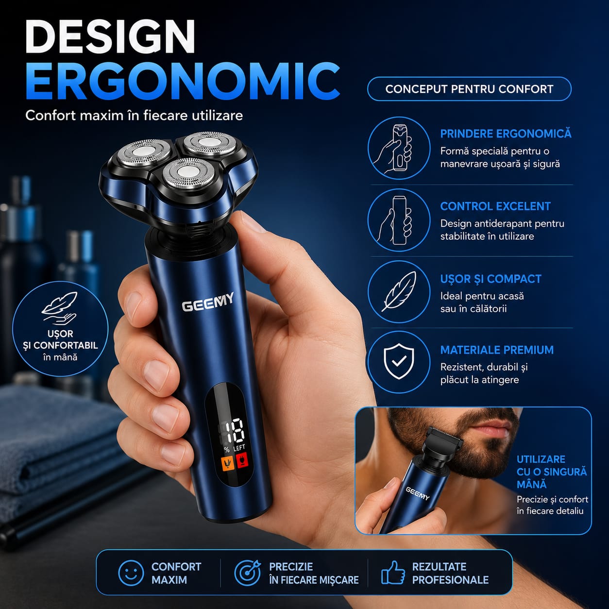Aparat de Ras Electric și Trimmer 3 în 1 GM-8105, Display LED, Reîncărcare USB, Trimmer Barbă și Contur, Trimmer Nas și Urechi, Acumulator Reîncărcabil, Utilizare Fără Fir
