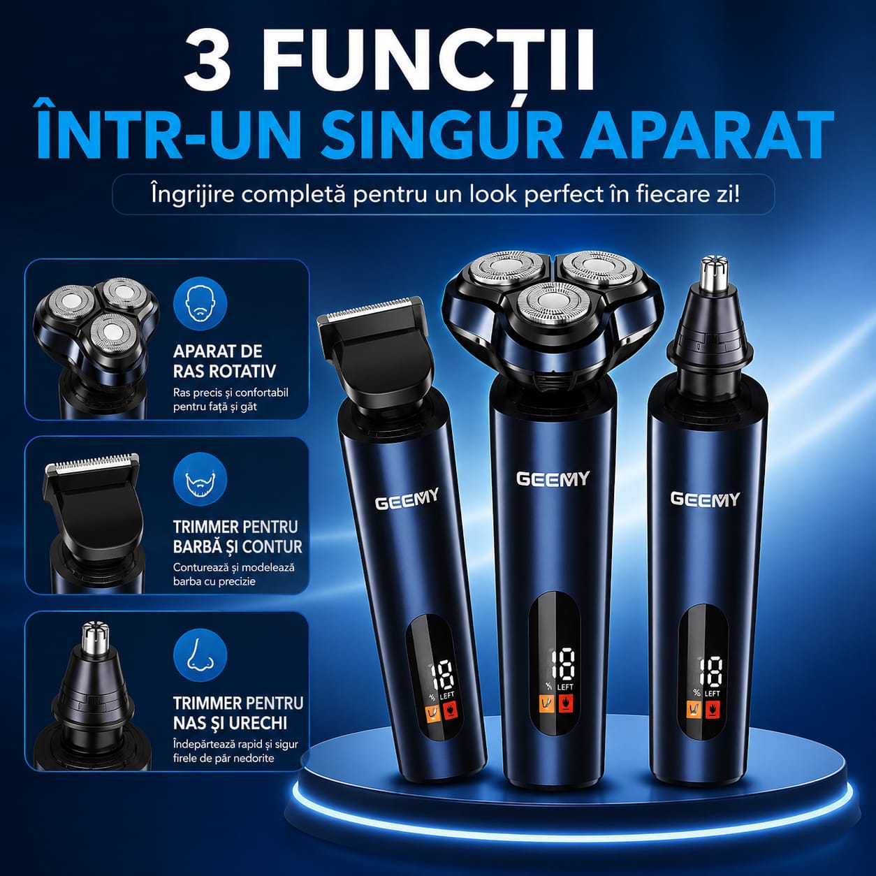 Aparat de Ras Electric și Trimmer 3 în 1 GM-8105, Display LED, Reîncărcare USB, Trimmer Barbă și Contur, Trimmer Nas și Urechi, Acumulator Reîncărcabil, Utilizare Fără Fir
