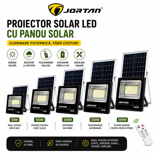 Proiector Solar LED cu Panou Solar și Telecomandă, Jortan, IP66, Autonomie 12h, 50W/100W/200W/300W/500W