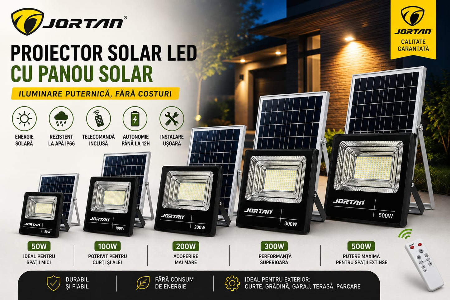 Proiector Solar LED cu Panou Solar și Telecomandă, Jortan, IP66, Autonomie 12h, 50W/100W/200W/300W/500W