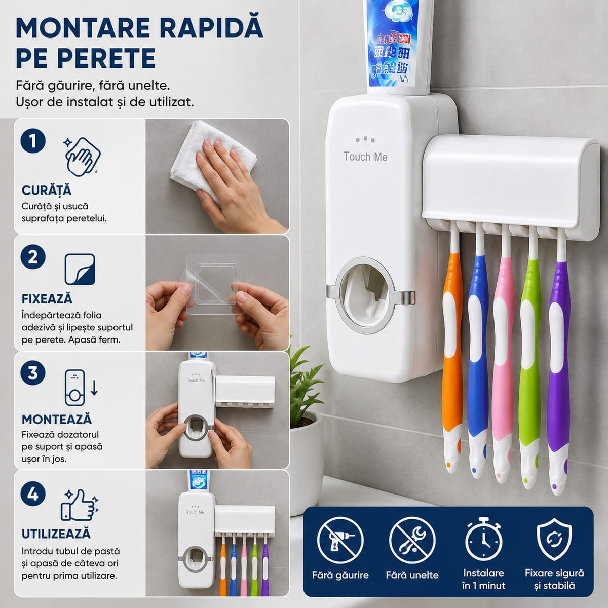 Dozator Pastă de Dinți JX-200 cu Suport pentru 5 Periuțe, Dispenser Mecanic, Fără Baterii, Fără Cabluri, Montare pe Perete Fără Găurire, Dozare Rapidă și Igienică