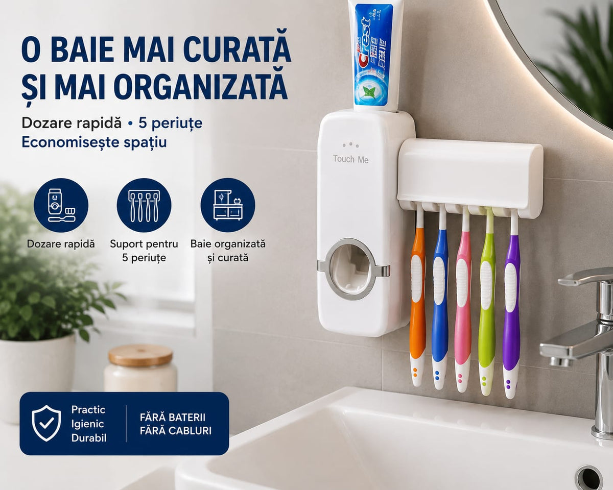 Dozator Pastă de Dinți JX-200 cu Suport pentru 5 Periuțe, Dispenser Mecanic, Fără Baterii, Fără Cabluri, Montare pe Perete Fără Găurire, Dozare Rapidă și Igienică