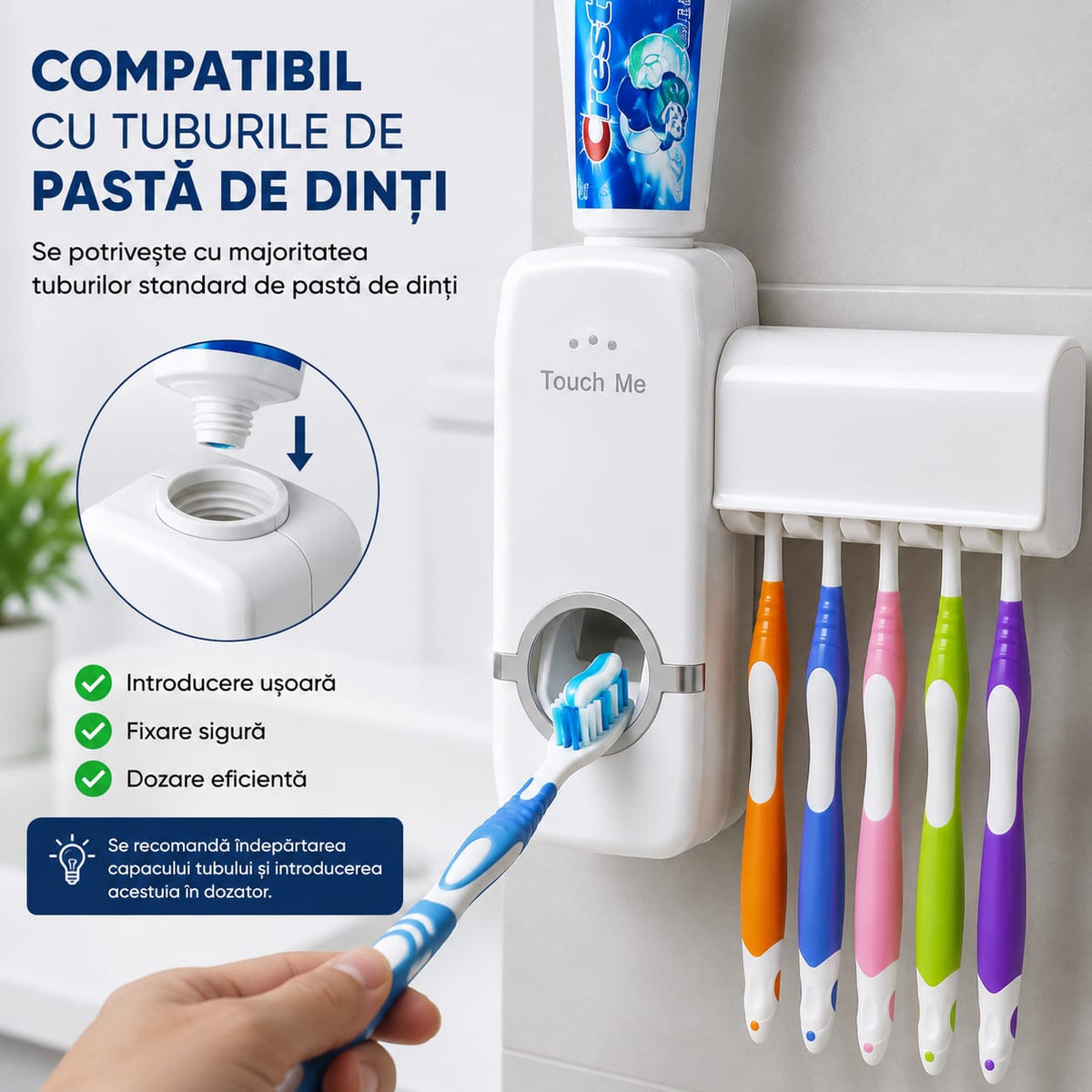 Dozator Pastă de Dinți JX-200 cu Suport pentru 5 Periuțe, Dispenser Mecanic, Fără Baterii, Fără Cabluri, Montare pe Perete Fără Găurire, Dozare Rapidă și Igienică