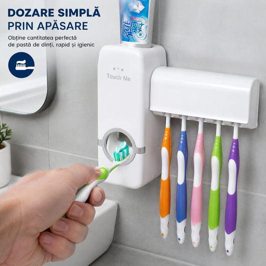 Dozator Pastă de Dinți JX-200 cu Suport pentru 5 Periuțe, Dispenser Mecanic, Fără Baterii, Fără Cabluri, Montare pe Perete Fără Găurire, Dozare Rapidă și Igienică