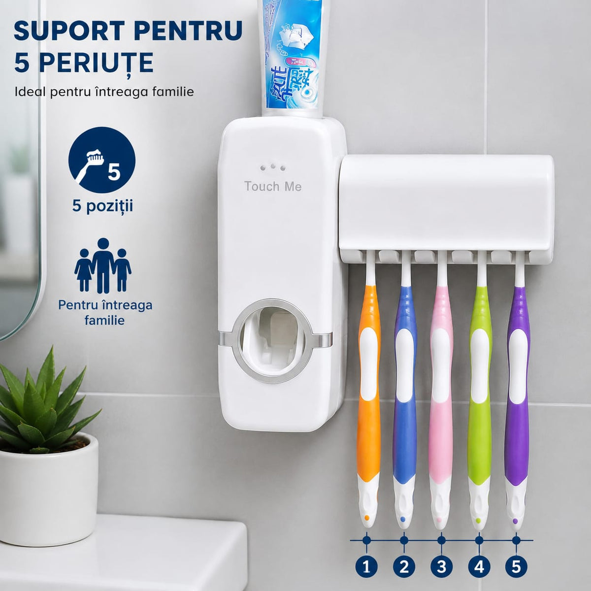 Dozator Pastă de Dinți JX-200 cu Suport pentru 5 Periuțe, Dispenser Mecanic, Fără Baterii, Fără Cabluri, Montare pe Perete Fără Găurire, Dozare Rapidă și Igienică