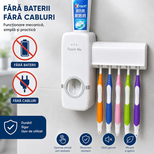 Dozator Pastă de Dinți JX-200 cu Suport pentru 5 Periuțe, Dispenser Mecanic, Fără Baterii, Fără Cabluri, Montare pe Perete Fără Găurire, Dozare Rapidă și Igienică