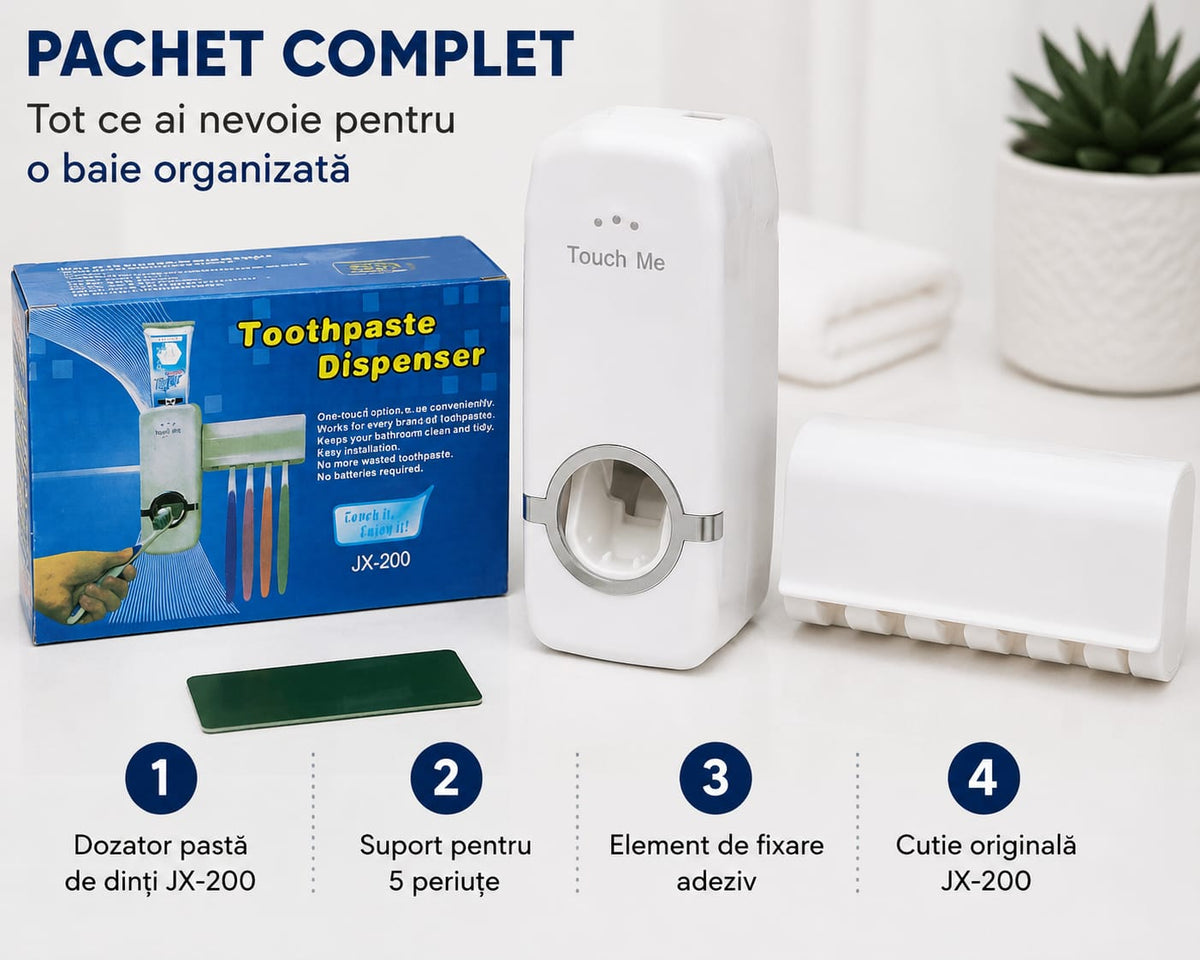 Dozator Pastă de Dinți JX-200 cu Suport pentru 5 Periuțe, Dispenser Mecanic, Fără Baterii, Fără Cabluri, Montare pe Perete Fără Găurire, Dozare Rapidă și Igienică