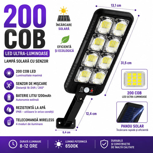 Lampă Solară LED 200 COB cu Senzor de Mișcare, Telecomandă, IP65, Încărcare Solară, Iluminare 6500K, Autonomie 8-12 Ore, pentru Curte, Grădină, Garaj, Alee