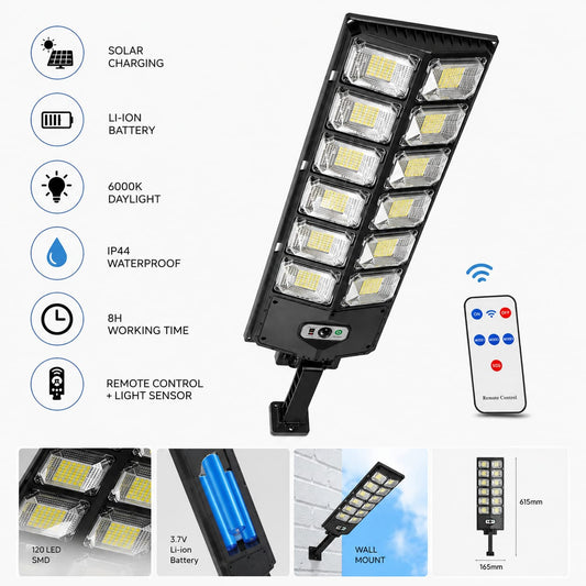 Lampă Solară Stradală LED 300W, 6000K, cu Telecomandă, Senzor de Lumină, Acumulator Li-Ion, IP44, Pentru Curte și Grădină