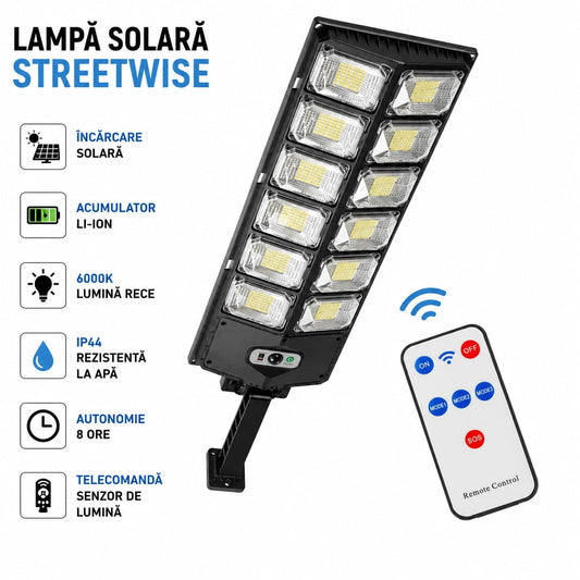 Lampă Solară Stradală LED 300W, 6000K, cu Telecomandă, Senzor de Lumină, Acumulator Li-Ion, IP44, Pentru Curte și Grădină