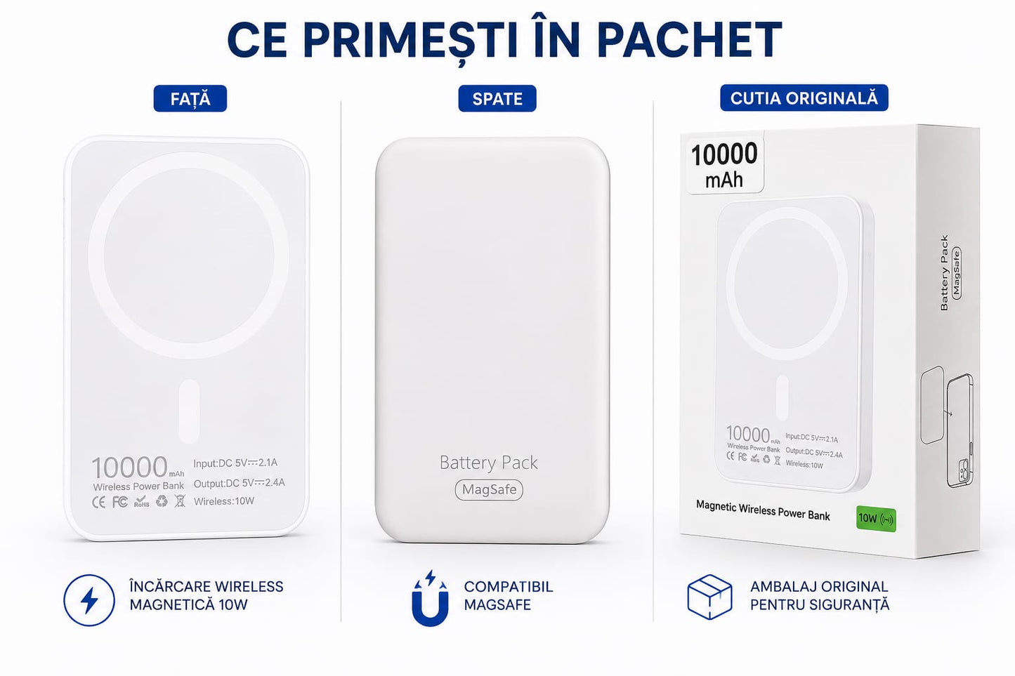 Power Bank Magnetic 10.000 mAh, Wireless 10W, Compatibil MagSafe, Baterie Externă pentru Încărcare Fără Fir