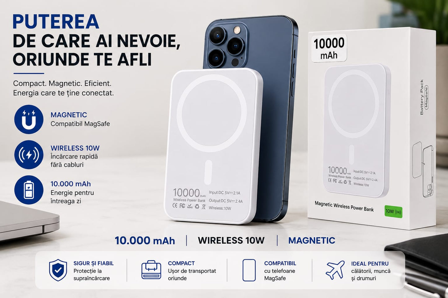 Power Bank Magnetic 10.000 mAh, Wireless 10W, Compatibil MagSafe, Baterie Externă pentru Încărcare Fără Fir