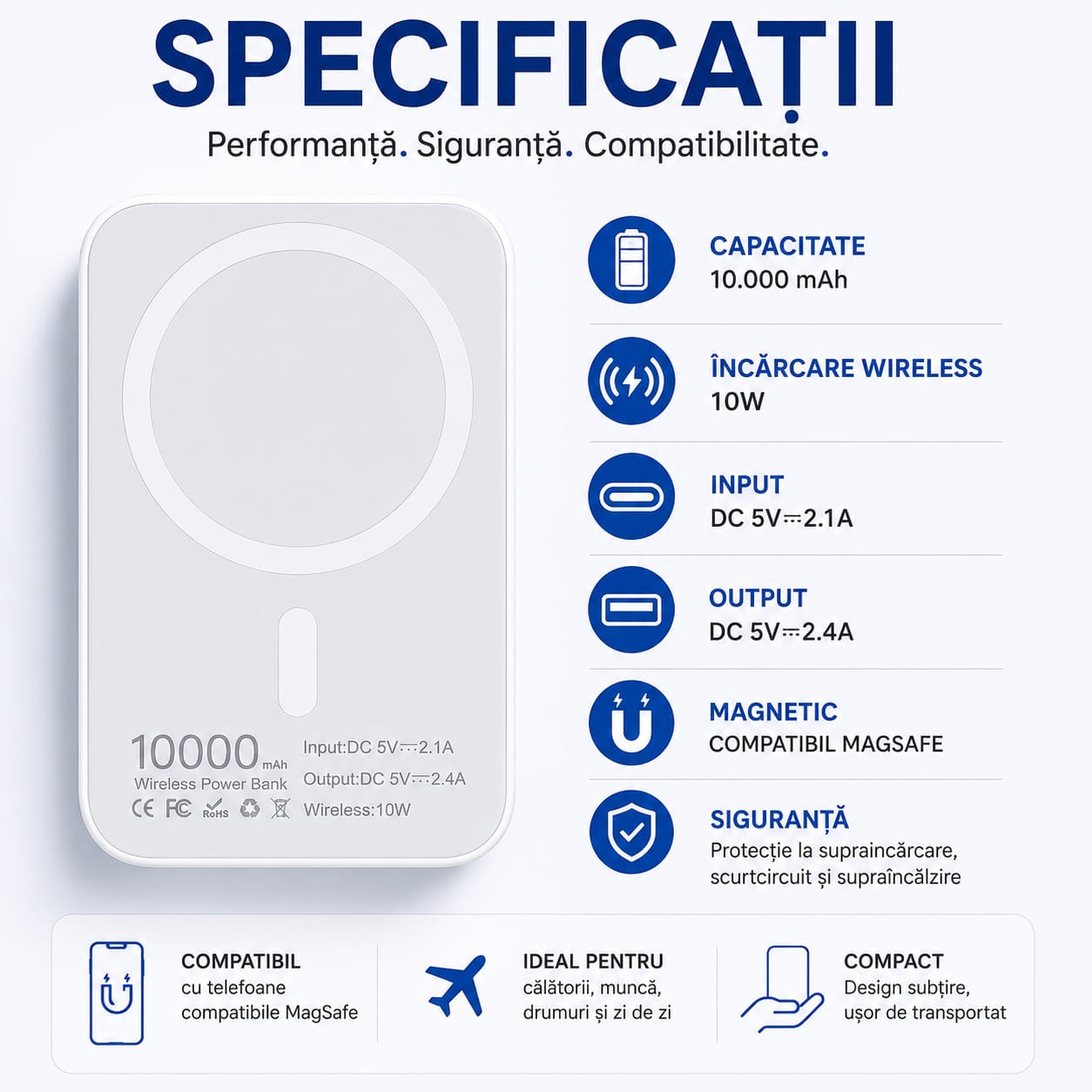 Power Bank Magnetic 10.000 mAh, Wireless 10W, Compatibil MagSafe, Baterie Externă pentru Încărcare Fără Fir