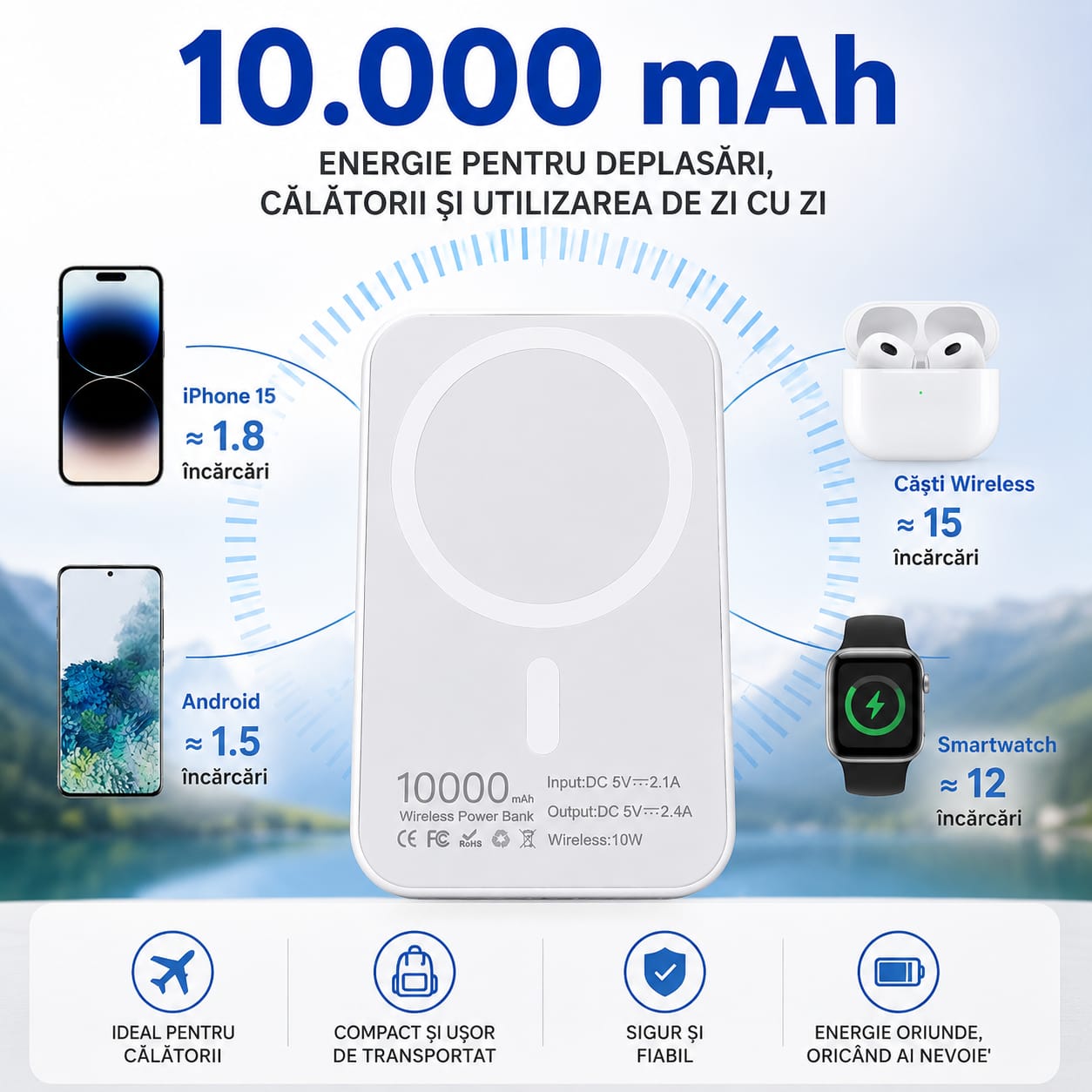 Power Bank Magnetic 10.000 mAh, Wireless 10W, Compatibil MagSafe, Baterie Externă pentru Încărcare Fără Fir