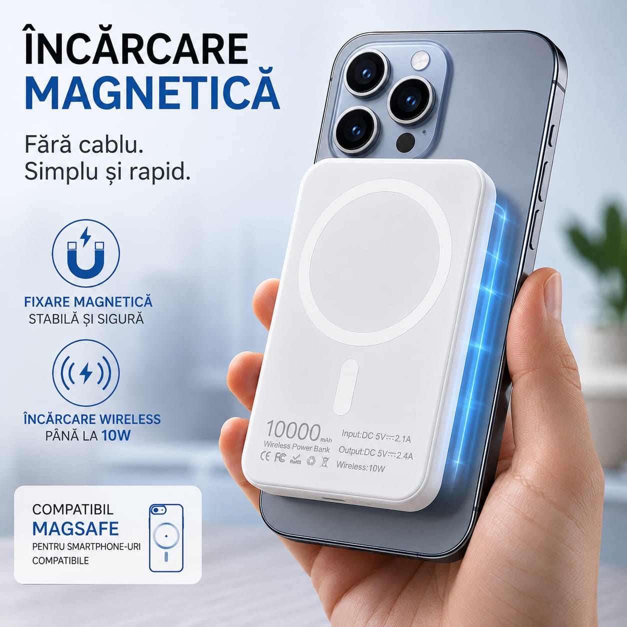 Power Bank Magnetic 10.000 mAh, Wireless 10W, Compatibil MagSafe, Baterie Externă pentru Încărcare Fără Fir