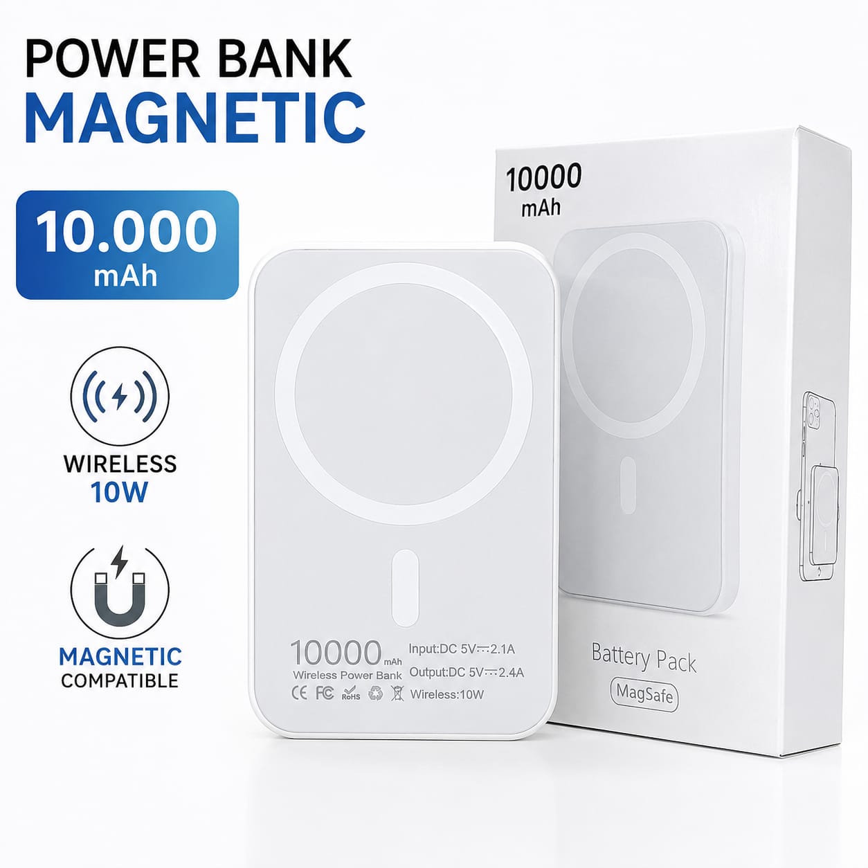 Power Bank Magnetic 10.000 mAh, Wireless 10W, Compatibil MagSafe, Baterie Externă pentru Încărcare Fără Fir