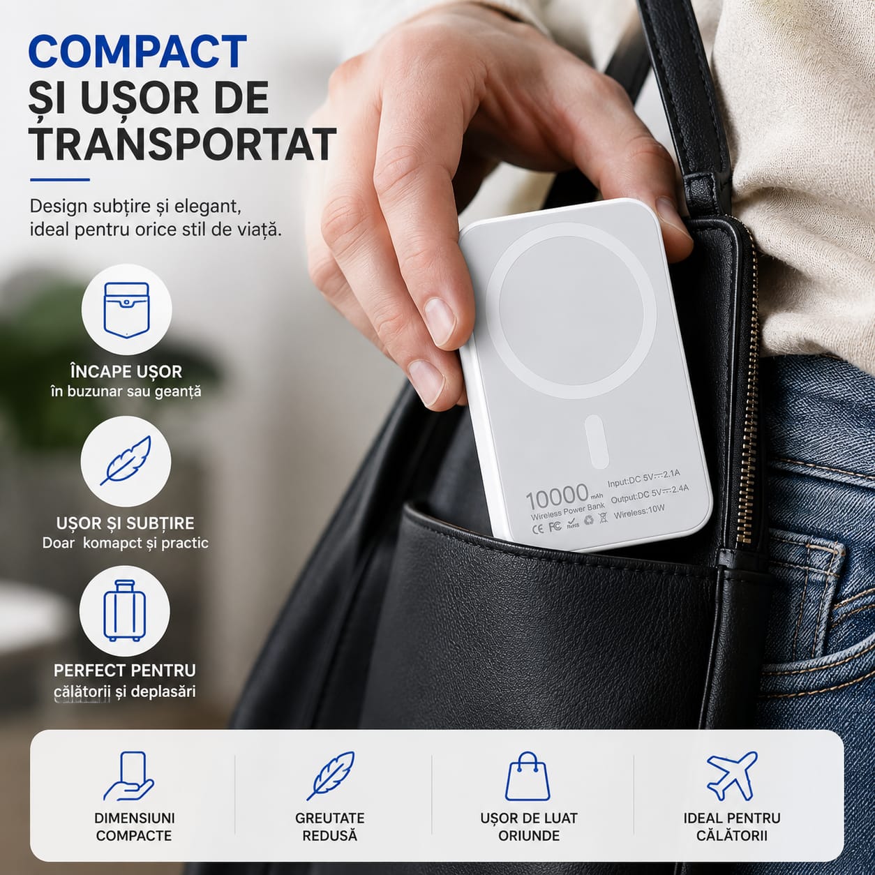 Power Bank Magnetic 10.000 mAh, Wireless 10W, Compatibil MagSafe, Baterie Externă pentru Încărcare Fără Fir