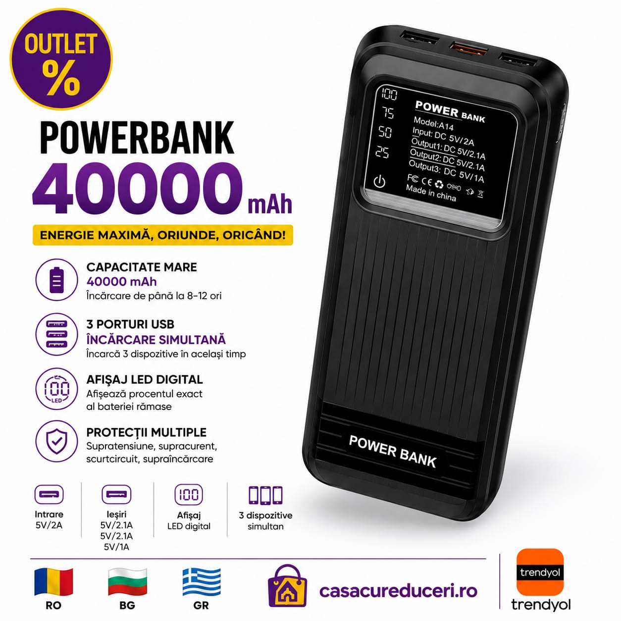 Power Bank 40000 mAh, 3 Porturi USB, Afișaj LED Digital, Încărcare Simultană 3 Dispozitive, Intrare 5V/2A, Protecție Inteligentă, Compatibil Android & iPhone, Negru
