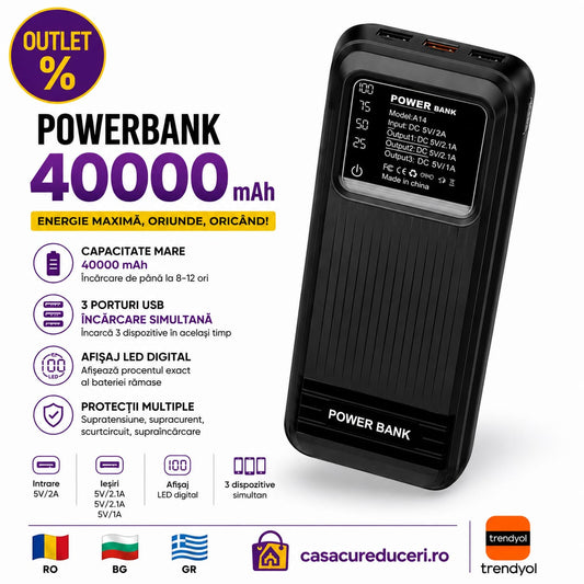 Power Bank 40000 mAh, 3 Porturi USB, Afișaj LED Digital, Încărcare Simultană 3 Dispozitive, Intrare 5V/2A, Protecție Inteligentă, Compatibil Android & iPhone, Negru