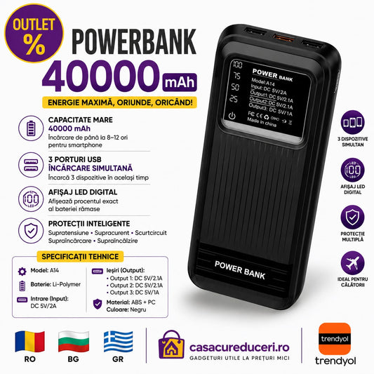 Power Bank 40000 mAh, 3 Porturi USB, Afișaj LED Digital, Încărcare Simultană 3 Dispozitive, Intrare 5V/2A, Protecție Inteligentă, Compatibil Android & iPhone, Negru