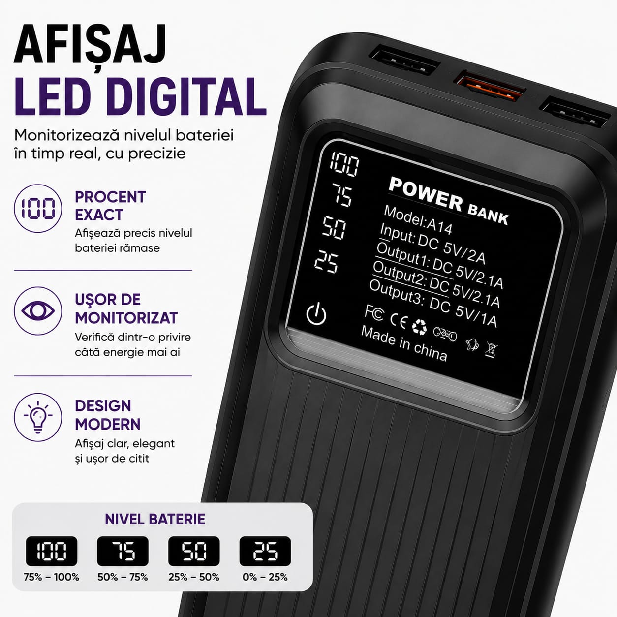Power Bank 40000 mAh, 3 Porturi USB, Afișaj LED Digital, Încărcare Simultană 3 Dispozitive, Intrare 5V/2A, Protecție Inteligentă, Compatibil Android & iPhone, Negru