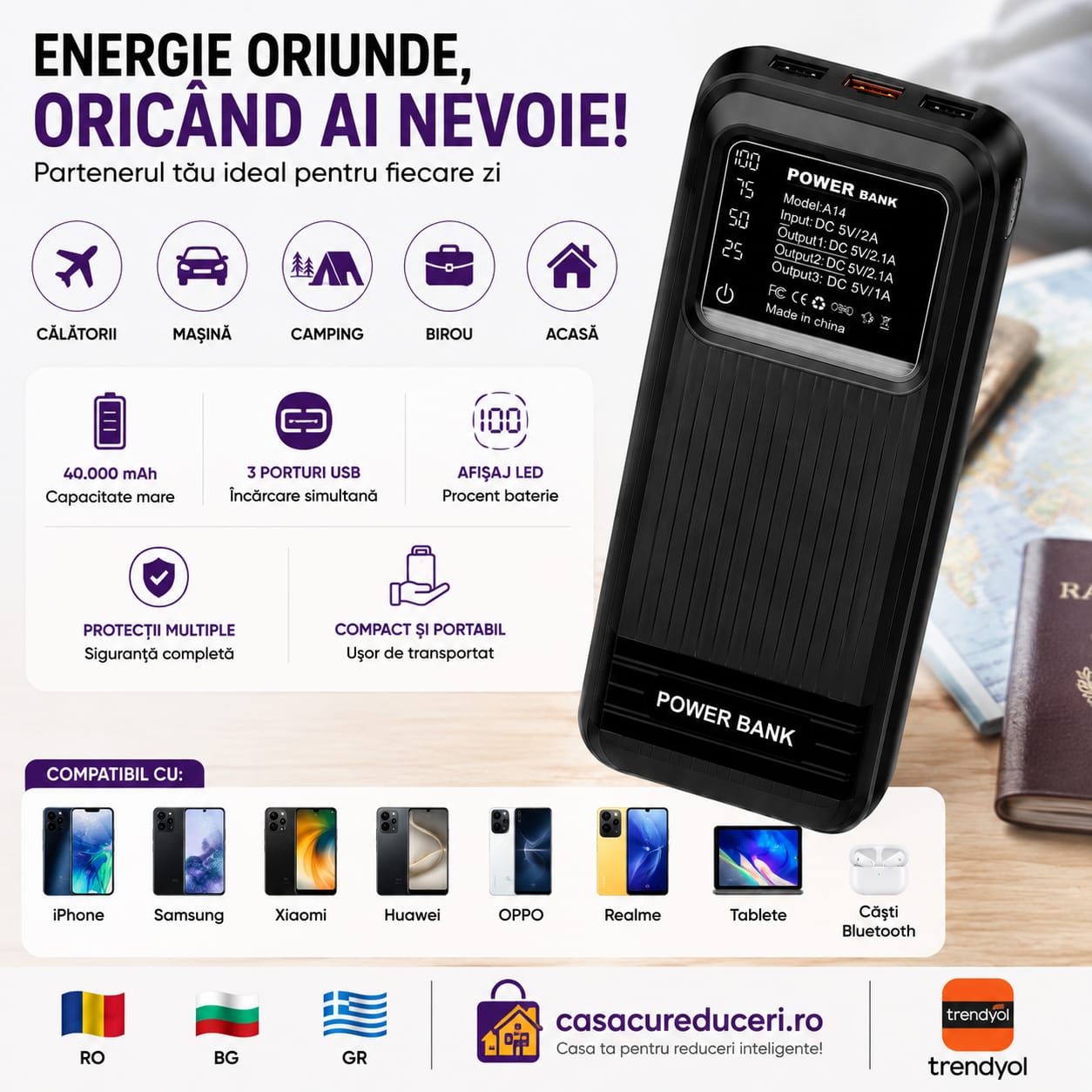 Power Bank 40000 mAh, 3 Porturi USB, Afișaj LED Digital, Încărcare Simultană 3 Dispozitive, Intrare 5V/2A, Protecție Inteligentă, Compatibil Android & iPhone, Negru