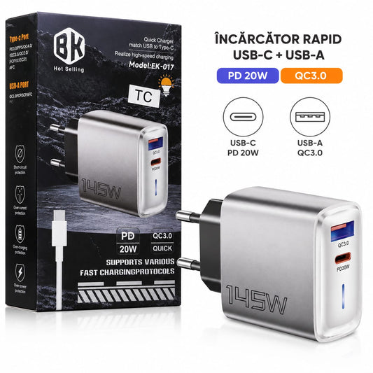 Încărcător Rapid EK-017, USB-C PD 20W + USB-A QC 3.0, 2 Porturi, Fast Charging, PPS, QC 4.0, Compatibil Smartphone, Tabletă