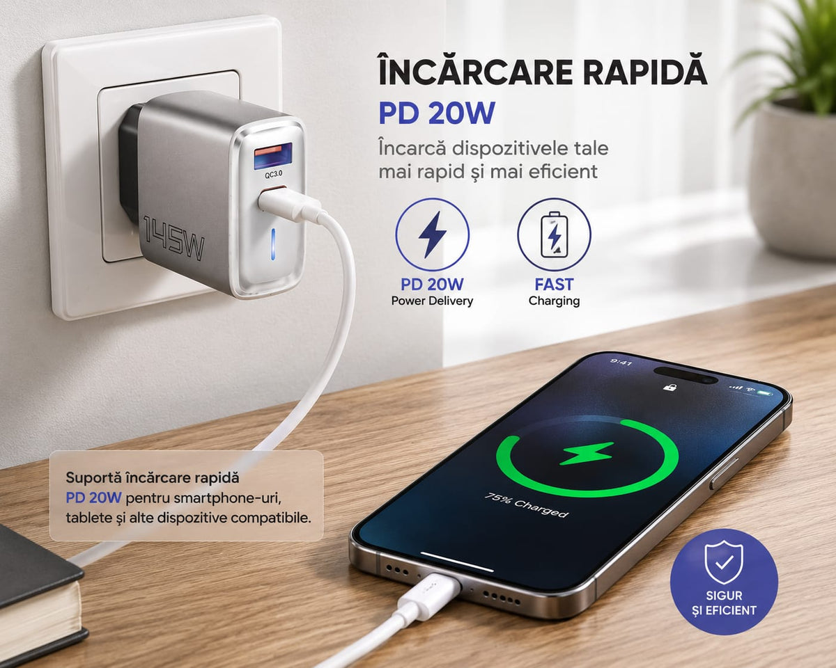 Încărcător Rapid EK-017, USB-C PD 20W + USB-A QC 3.0, 2 Porturi, Fast Charging, PPS, QC 4.0, Compatibil Smartphone, Tabletă
