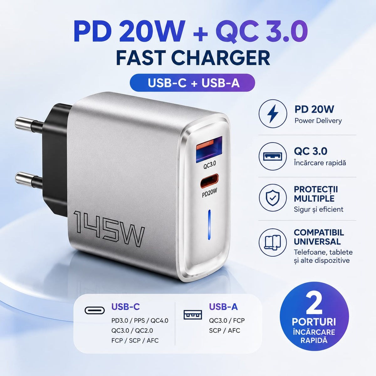 Încărcător Rapid EK-017, USB-C PD 20W + USB-A QC 3.0, 2 Porturi, Fast Charging, PPS, QC 4.0, Compatibil Smartphone, Tabletă