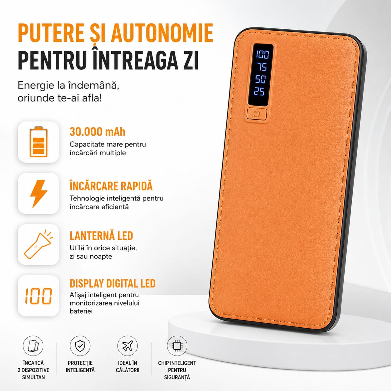 Power Bank 30000 mAh, Display LED Digital, 3 Porturi USB, Lanternă LED, Încărcare Simultană 3 Dispozitive, Compatibil Android și iPhone, Port Micro USB