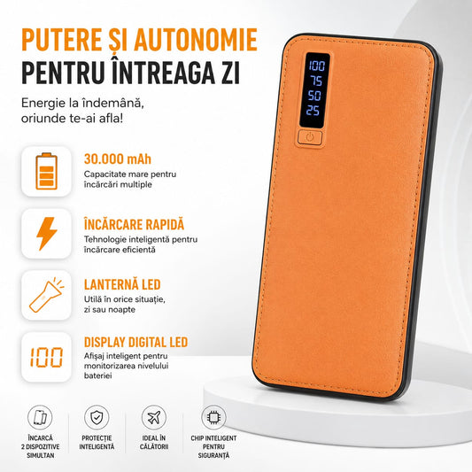Power Bank 30000 mAh, Display LED Digital, 3 Porturi USB, Lanternă LED, Încărcare Simultană 3 Dispozitive, Compatibil Android și iPhone, Port Micro USB