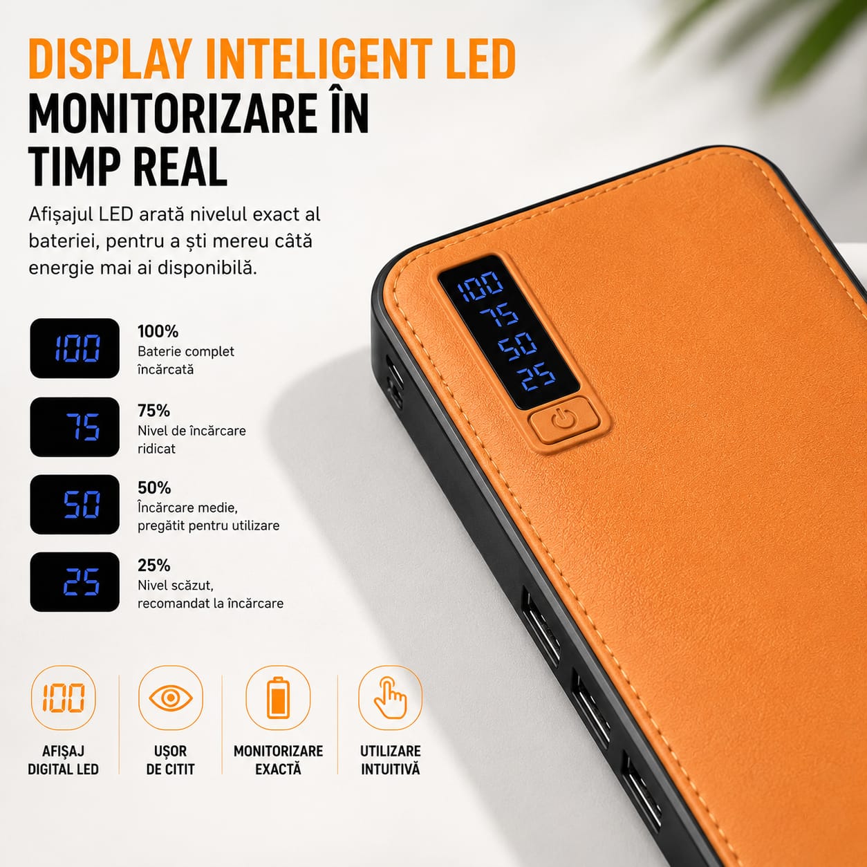 Power Bank 30000 mAh, Display LED Digital, 3 Porturi USB, Lanternă LED, Încărcare Simultană 3 Dispozitive, Compatibil Android și iPhone, Port Micro USB