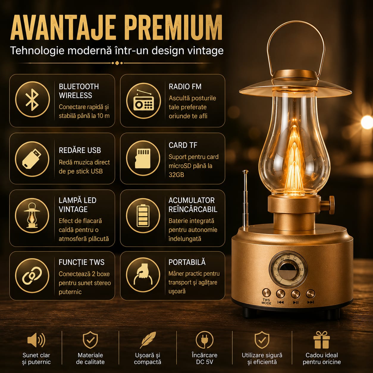 Lampă LED Vintage GOLON RX-81D cu Boxă Bluetooth, Radio FM, USB, Card TF, Acumulator Reîncărcabil, Funcție TWS, Design Retro, Auriu