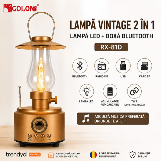 Lampă LED Vintage GOLON RX-81D cu Boxă Bluetooth, Radio FM, USB, Card TF, Acumulator Reîncărcabil, Funcție TWS, Design Retro, Auriu