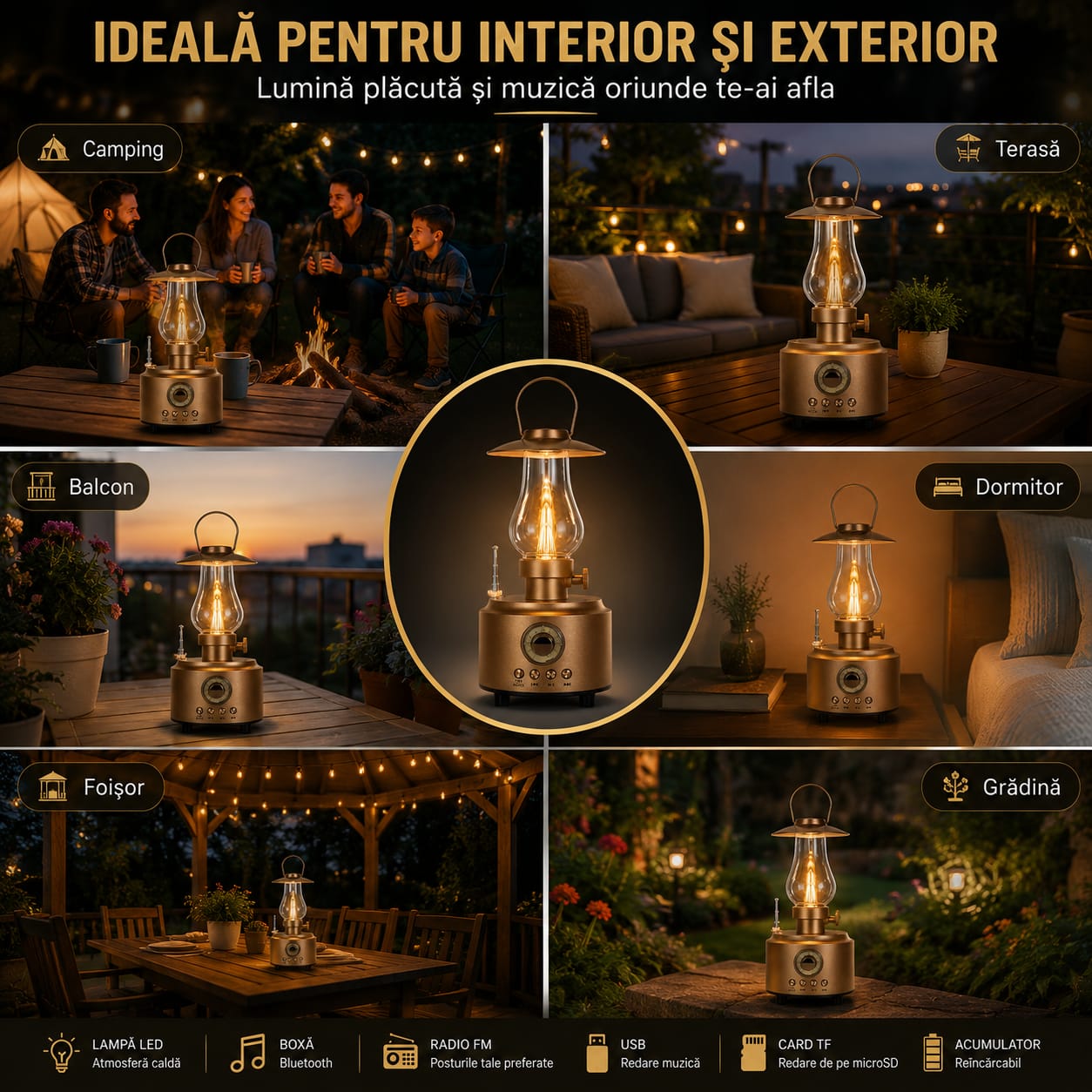 Lampă LED Vintage GOLON RX-81D cu Boxă Bluetooth, Radio FM, USB, Card TF, Acumulator Reîncărcabil, Funcție TWS, Design Retro, Auriu
