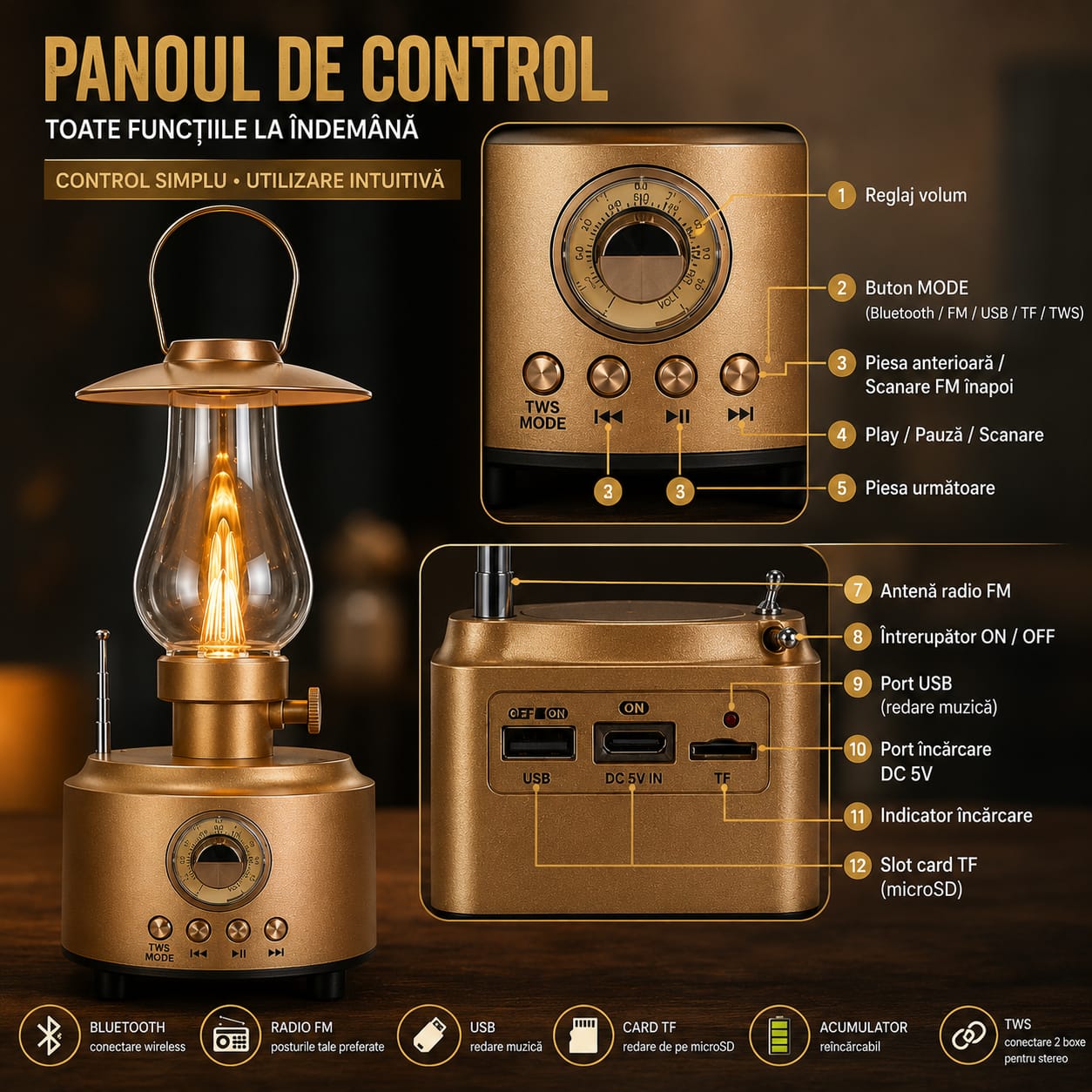 Lampă LED Vintage GOLON RX-81D cu Boxă Bluetooth, Radio FM, USB, Card TF, Acumulator Reîncărcabil, Funcție TWS, Design Retro, Auriu