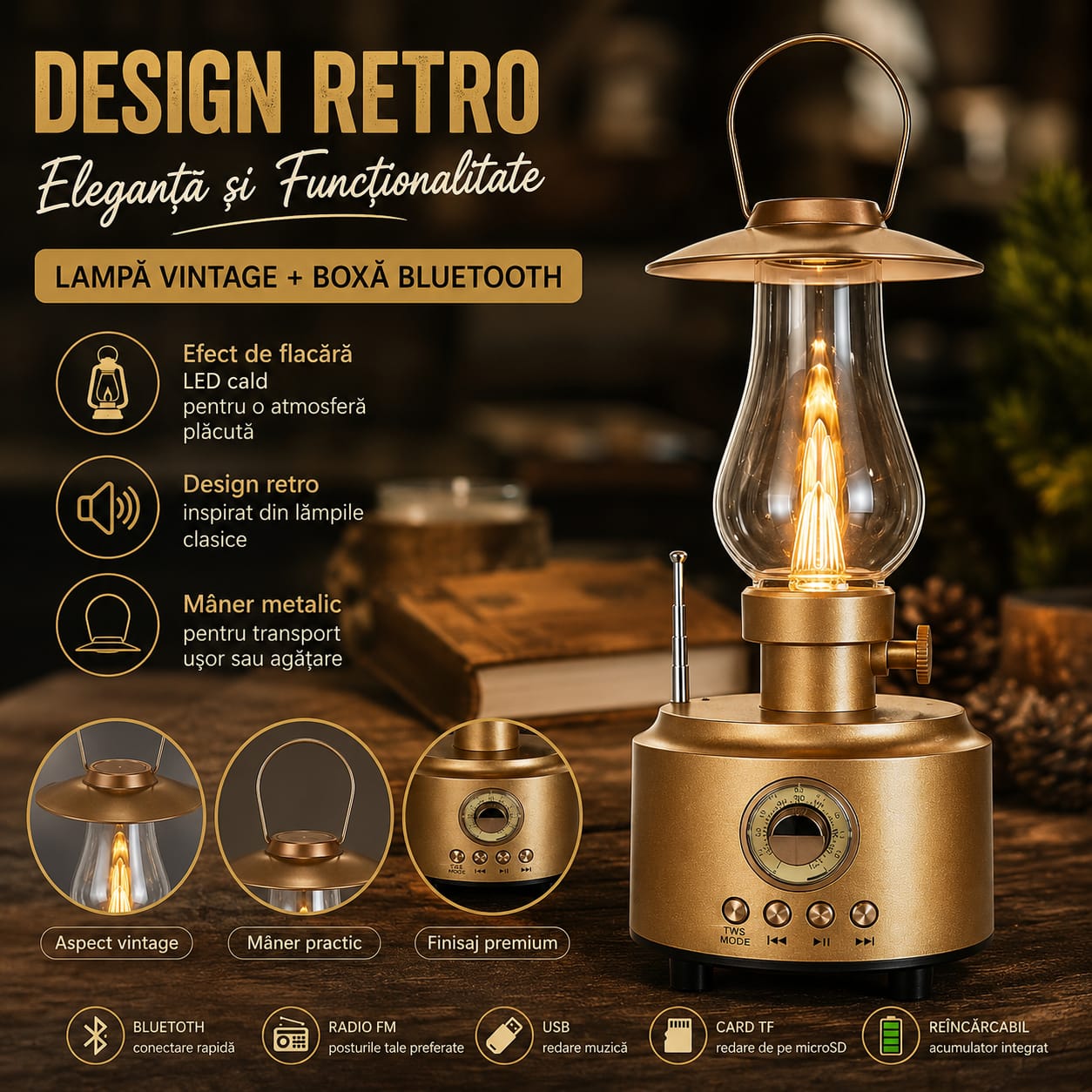 Lampă LED Vintage GOLON RX-81D cu Boxă Bluetooth, Radio FM, USB, Card TF, Acumulator Reîncărcabil, Funcție TWS, Design Retro, Auriu