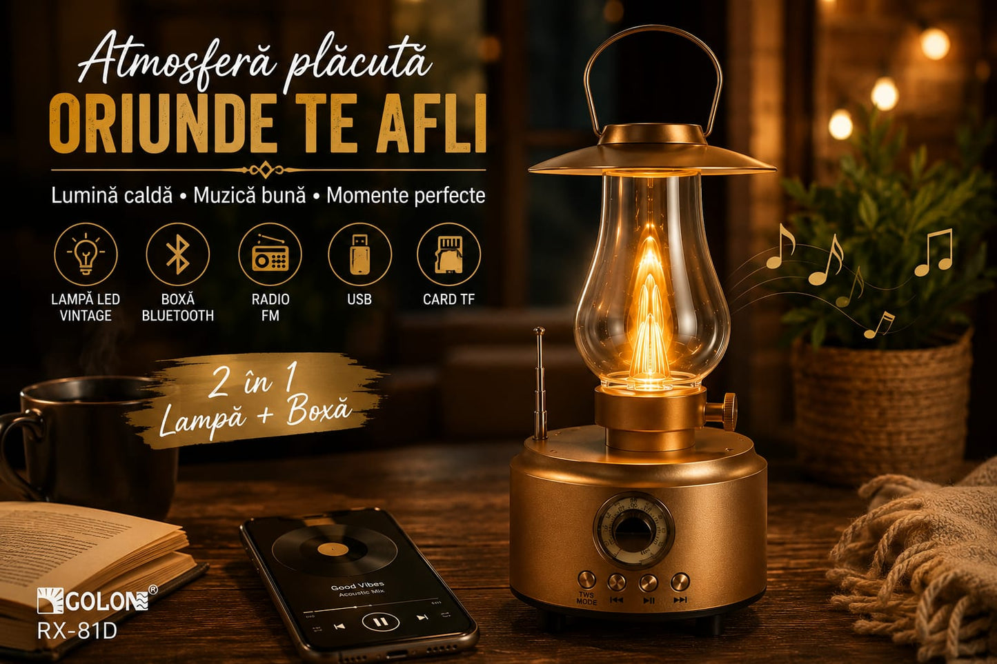 Lampă LED Vintage GOLON RX-81D cu Boxă Bluetooth, Radio FM, USB, Card TF, Acumulator Reîncărcabil, Funcție TWS, Design Retro, Auriu