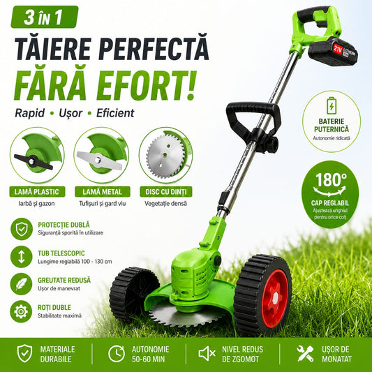 Motocoasă Electrică SUNTEC® cu Acumulator 48V, 1500W, 2 Baterii Incluse, 3 Unghiuri de Tăiere, Roți Detașabile, Set Complet Accesorii, Ideală pentru Curte și Grădină