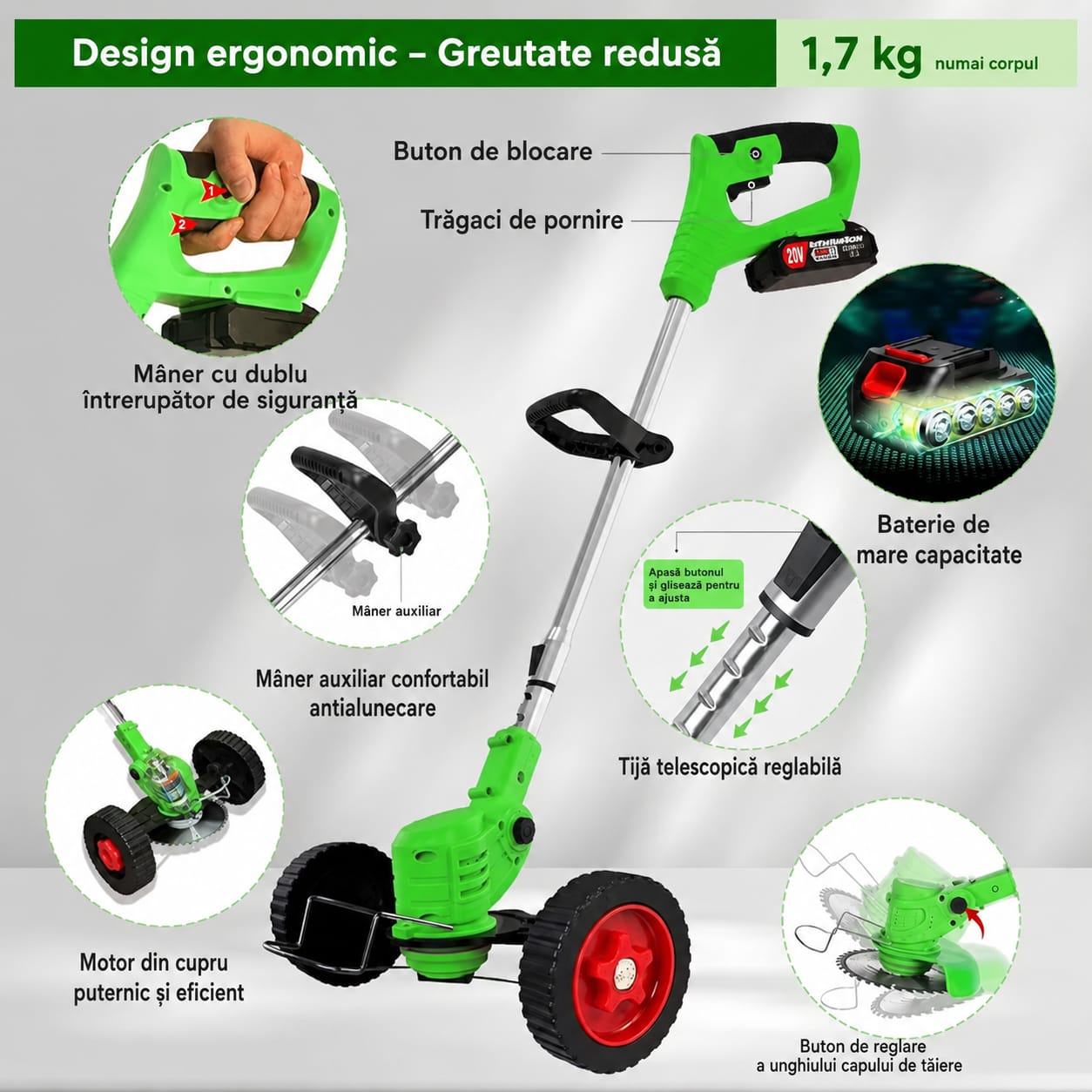Motocoasă Electrică SUNTEC® cu Acumulator 48V, 1500W, 2 Baterii Incluse, 3 Unghiuri de Tăiere, Roți Detașabile, Set Complet Accesorii, Ideală pentru Curte și Grădină