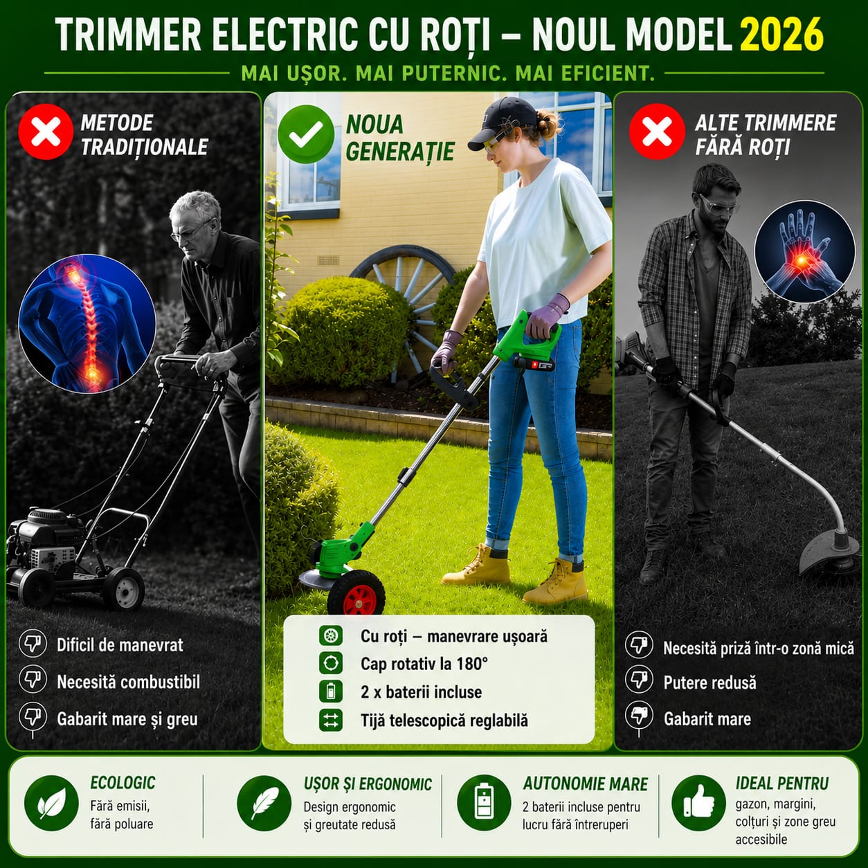 Motocoasă Electrică SUNTEC® cu Acumulator 48V, 1500W, 2 Baterii Incluse, 3 Unghiuri de Tăiere, Roți Detașabile, Set Complet Accesorii, Ideală pentru Curte și Grădină