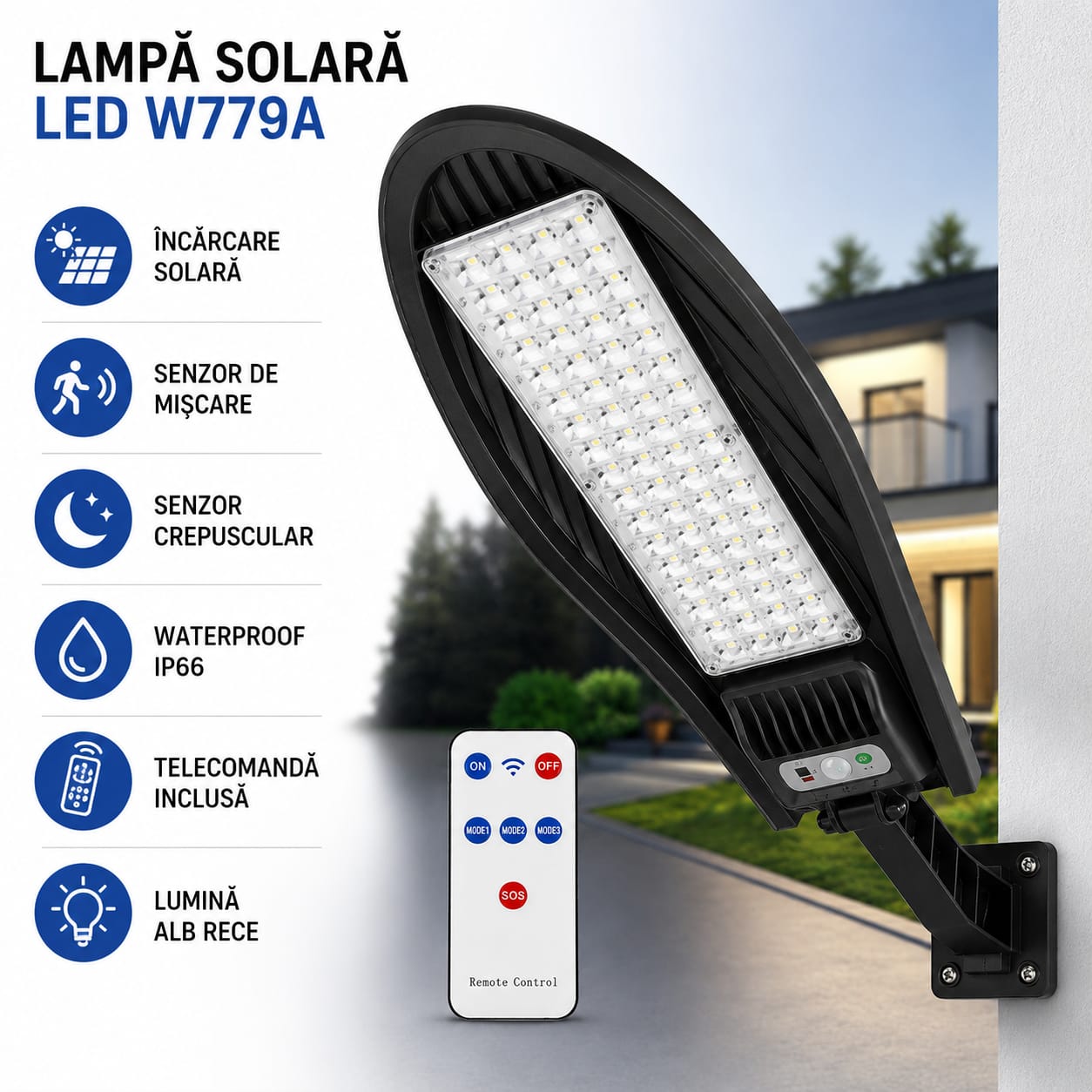 Lampă Solară LED Exterior W779A cu Telecomandă, 260 LED SMD (65x4), Senzor de Mișcare și Lumină, 3 Moduri de Iluminare, Panou Solar Integrat, IP66 Waterproof, Lumină Alb Rece 6000K, ABS, Negru