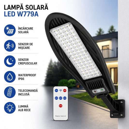 Lampă Solară LED Exterior W779A cu Telecomandă, 260 LED SMD (65x4), Senzor de Mișcare și Lumină, 3 Moduri de Iluminare, Panou Solar Integrat, IP66 Waterproof, Lumină Alb Rece 6000K, ABS, Negru