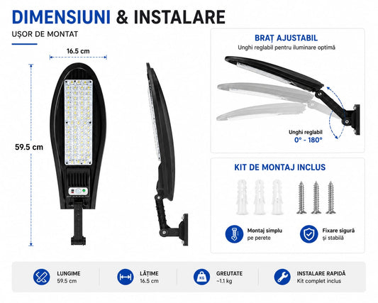 Lampă Solară LED Exterior W779A cu Telecomandă, 260 LED SMD (65x4), Senzor de Mișcare și Lumină, 3 Moduri de Iluminare, Panou Solar Integrat, IP66 Waterproof, Lumină Alb Rece 6000K, ABS, Negru