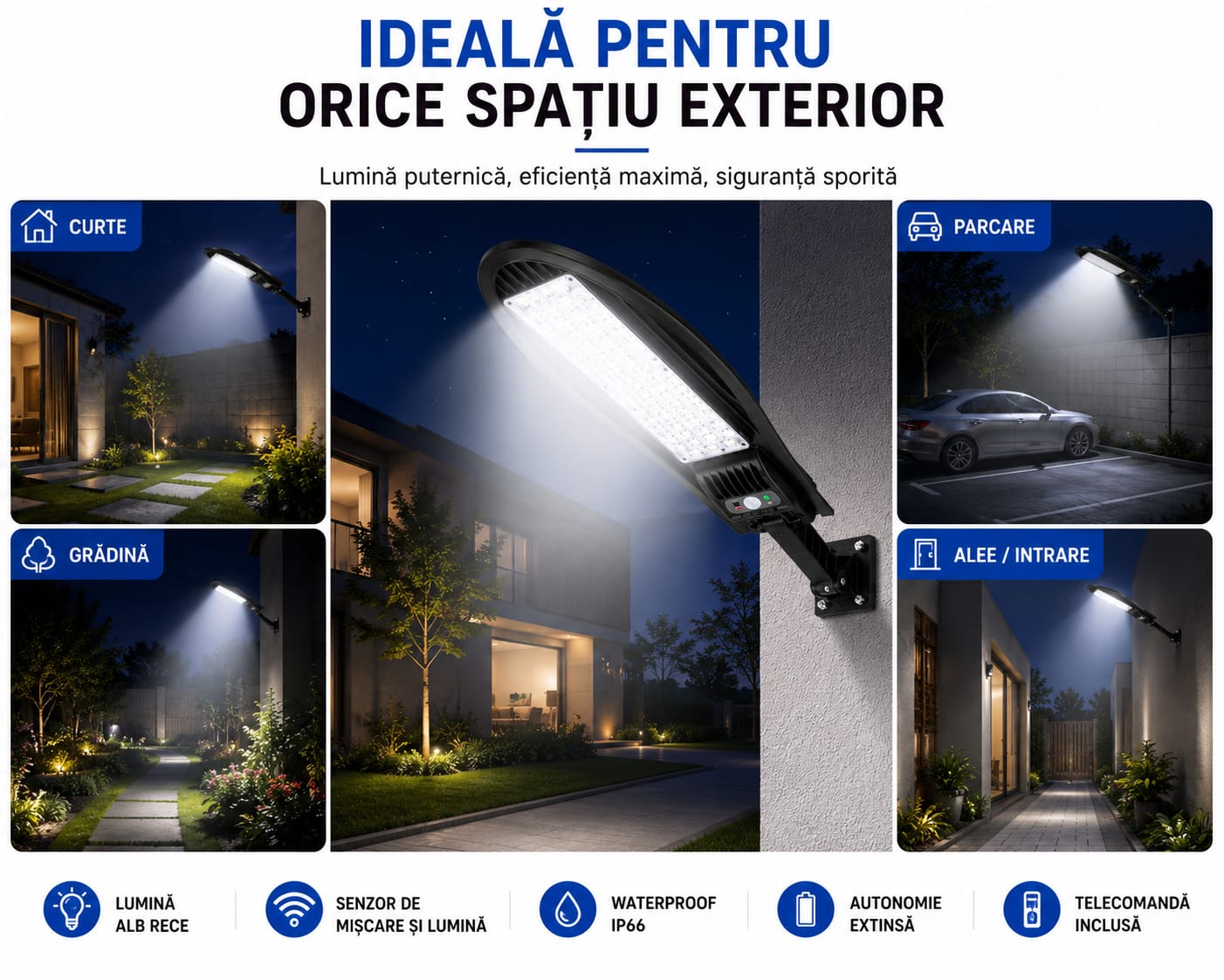 Lampă Solară LED Exterior W779A cu Telecomandă, 260 LED SMD (65x4), Senzor de Mișcare și Lumină, 3 Moduri de Iluminare, Panou Solar Integrat, IP66 Waterproof, Lumină Alb Rece 6000K, ABS, Negru